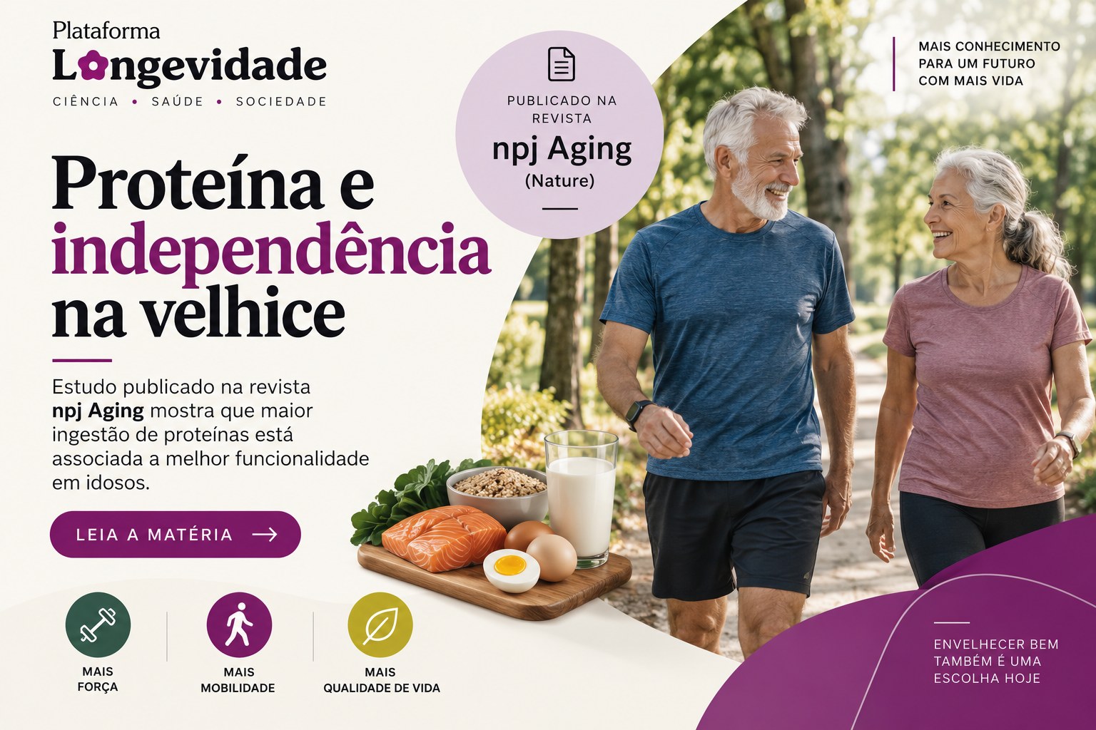 Casal de pessoas idosas caminhando ao ar livre ao lado de alimentos ricos em proteína